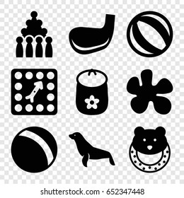Ball icons set. set of 9 ball filled icons such as seal, ball, baby toy, board game, golf stick