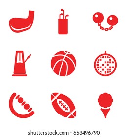 Ball icons set. set of 9 ball filled icons such as baby toy, disco ball, golf stick, american football, pendulum, golf