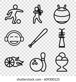 Ball icons set. set of 9 ball outline icons such as ice cream ball, baseball player, basketball, football player, bowling, Shuttlecock