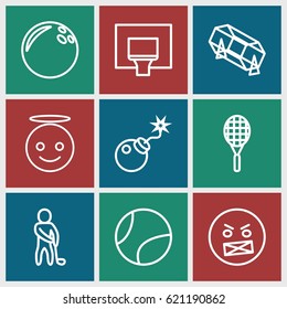 Ball icons set. set of 9 ball outline icons such as lottery, bomb, golf player, basketball basket, tennis rocket, emoji angel