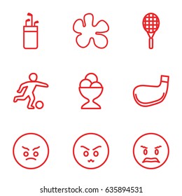 Ball icons set. set of 9 ball outline icons such as ice cream ball, tennis rocket, football player, golf stick, angry emot, paintball
