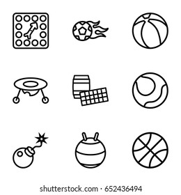 Ball icons set. set of 9 ball outline icons such as baby toy, bomb, board game, beach ball, football ball