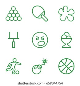 Ball icons set. set of 9 ball outline icons such as ice cream ball, bomb, goal post, football player, angry emot, basketball, ping pong racket, biliard triangle