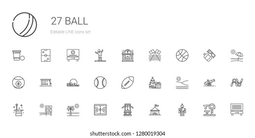ball icons set. Collection of ball with toy, circus, gym, basketball, beach, magician, christmas tree, american football, baseball, newtons cradle. Editable and scalable ball icons.