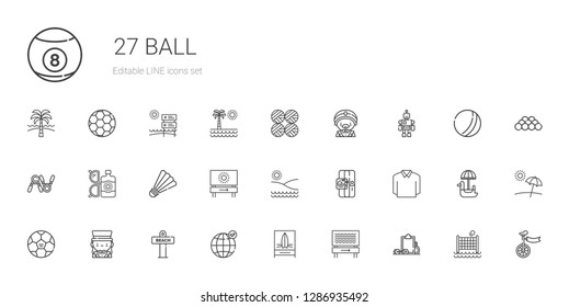 ball icons set. Collection of ball with workout, beach, earth grid, magician, football, polo, sport, badminton, sun lotion, exercise, toy, wool balls. Editable and scalable ball icons.