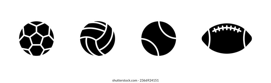 Conjunto de iconos de bolas. Icono de bola deportiva en glifo. Iconos de fútbol y voleibol en juego. Fútbol y pelota de tenis. Ilustración vectorial de material.