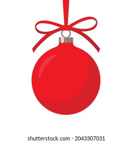 Сhristmas ball isolated. Christmas tree ball with ribbon bow. Red ball on white background. Symbol of Happy New Year, Xmas holiday celebration, winter.