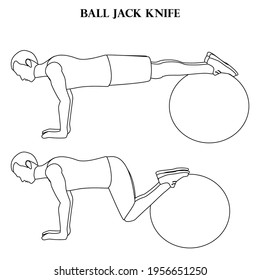 Ball jack knife exercise workout vector illustration outline on the white background. Vector illustration