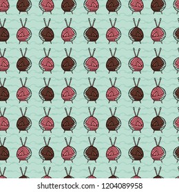 Ball of knitting yarn crafts seamless pattern. Hand drawn flat style wool and needles vector illustration. For fabric prints, trendy background textures, creative craft packaging or hobbies decor. 