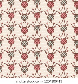 Ball of knitting yarn crafts seamless pattern. Hand drawn flat style wool and needles vector illustration. For fabric prints, trendy background textures, creative craft packaging or hobbies decor. 