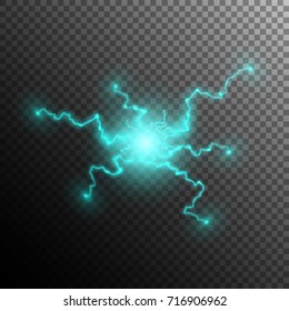 Ball lightning or electricity, glow and bright vector effect. Lightning strike