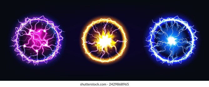 Ball lightning energy. Electric circle. Effect burst magic power. Sphere light. Explosion neon spark. Red glow flash. Abstract thunder bolt. Isolated purple plasma blast. Vector yellow elements set