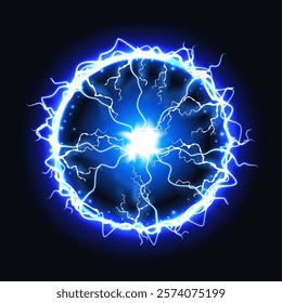 Ball lightning energy. Electric circle. Effect burst magic power. Sphere light. Explosion core with neon sparks. Blue glow flash. Abstract thunder bolt. Illuminated plasma blast. Vector elements set