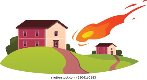 Ball lightning, fireball flying at the house. Cartoon city building and approaching blaze flame ball. Burning natural disasters, catastrophe, cataclysm. Vector flat illustration isolated
