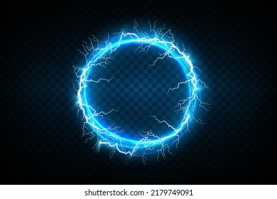 Ball lightning on a transparent dark blue background. Vector illustration, abstract electric lightning strike in the dark blue sky. Light flash, thunder, spark.
