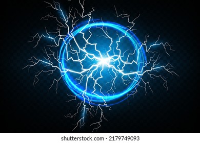 Ball lightning on a transparent dark blue background. Vector illustration, abstract electric lightning strike in the dark blue sky. Light flash, thunder, spark.
