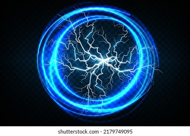 Ball lightning on a transparent dark blue background. Vector illustration, abstract electric lightning strike in the dark blue sky. Light flash, thunder, spark.
