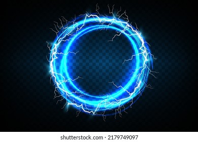 Ball lightning on a transparent dark blue background. Vector illustration, abstract electric lightning strike in the dark blue sky. Light flash, thunder, spark.
