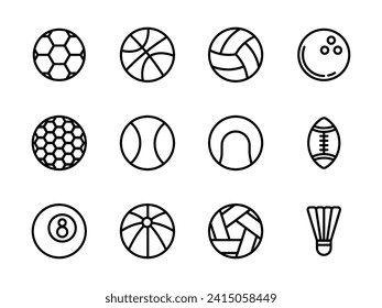 Colección de iconos de la línea de bolas. Trazo editable. Ilustración vectorial. Con baloncesto, baloncesto, voleibol, boliche, golf, béisbol, rugby, billar, takraw. Aislado sobre fondo blanco