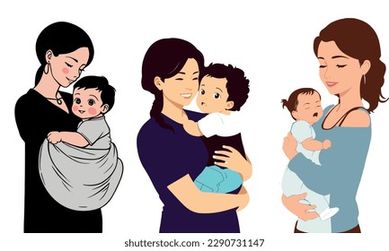 The Ball of Love in Our Arms, Vector illustration of three mothers holding their child in her arms. The Loving Hug of a Mother Who Loves Her Child. Vector greeting design for mother's day