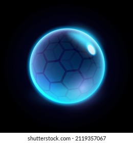 Ball made of neon glass, transparent energy sphere design, outer space futuristic planet or device. Vector bubble with bee cells effect on surface, lines circles connected. Innovative technologies