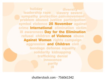 Ball many sizes and letter about "Violence Against Women and Children Day" in heart i con style and on light orange background. All in vector design.