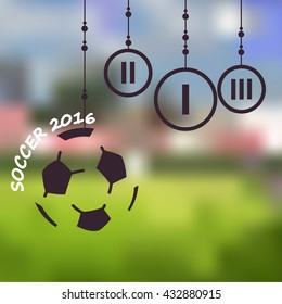 Ball, medals and text soccer 2016 on stadium background. Vector illustration.