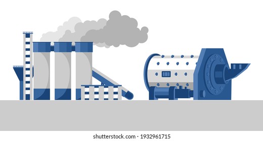 Molino de bolas y planta procesadora de cemento, imagen de color de estilo plano. Concepto industrial, minería y industria procesadora. Ilustración del vector