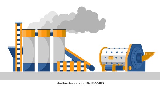 Ball mill and cement processing plant, color image in flat style. Industrial concept, mining and processing industry. Vector illustration