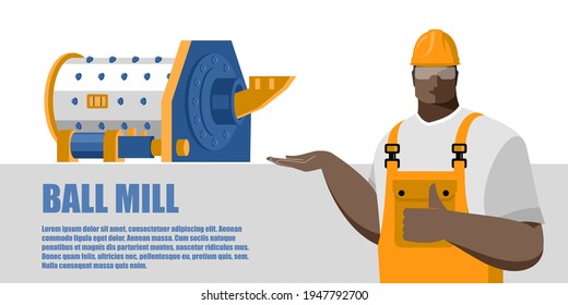 Molino de bolas y obrero en overoles y casco de seguridad, imagen de color de estilo plano. Concepto industrial, minería y industria procesadora. Ilustración del vector