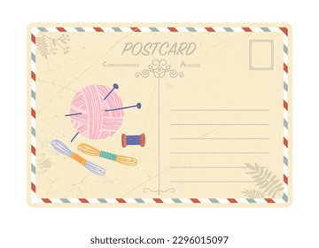 Ball with needles postcard. Equipment for handicraft, hobby and leisure. Atelier and seamstress, tailor. Postmark and stamp, mail. Communication and interaction. Cartoon flat vector illustration