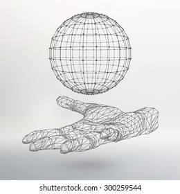 Ball on the arm. The hand holding a sphere. Polygon ball. Polygonal hand. White background. The shadow of the objects in the background.