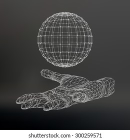Ball on the arm. The hand holding a sphere. Polygon ball. Polygonal hand. Black background. The shadow of the objects in the background.