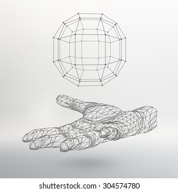 Ball on the arm. The hand holding a sphere. Polygon ball. Polygonal hand. White background. The shadow of the objects in the background.