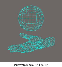 Ball on the arm. The hand holding a sphere. Polygon ball. Polygonal hand. White background. The shadow of the objects in the background.