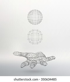 Ball on the arm. The hand holding a sphere. Polygon ball. Polygonal hand. The shadow of the objects in the background