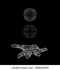 Ball on the arm. The hand holding a sphere. Polygon ball. Polygonal hand. The shadow of the objects in the background
