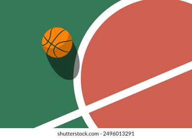 Bola en la cancha de baloncesto marcas de línea blanca, vista desde arriba, cartel con espacio para texto, Vector