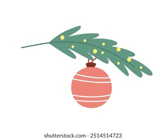 Ball on a branch. Merry Christmas and Happy New Year. Winter illustration for banner, poster, cover. Vector