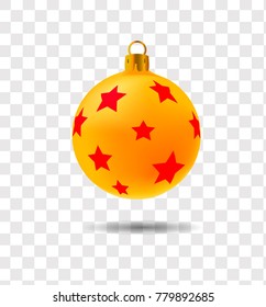 ball on the Christmas tree 3D, gold with red stars on a transparent background