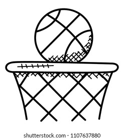 
A ball on a mounted basket is about to go in depicts the basketball game.
