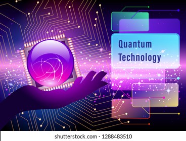 Ball On The Palm Of Your Hand On A Cosmic, Space Background. Quantum Technology, Ai, Smart Innovation Technology Internet Business Concept. Vector Illustration