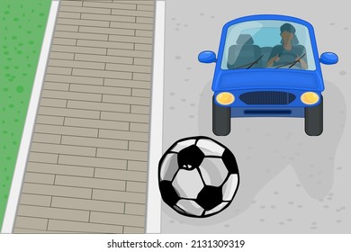 Ball on road with car. Ball in front of moving car. Unexpected accident. Dont play on the city street or way warning design. Road or traffic safety rule. Danger situation on road. Vector illustration