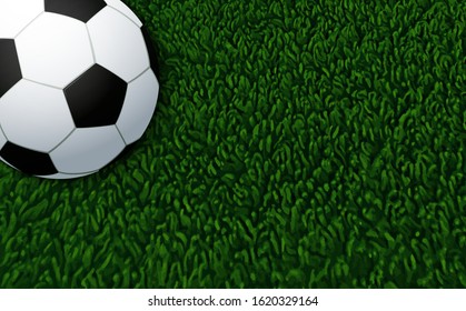 Ball on soccer field. Background for sports design. Realistic soccer ball on football field. Grass field stadium. Background green grass with ball for football design. Vector illustration