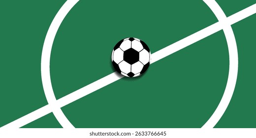 Ball on soccer field top view, football pitch view from above, poster with space for text, vector