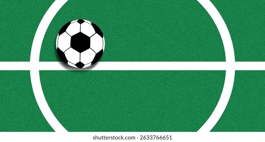 Ball on soccer field top view, football pitch view from above, poster with space for text, vector