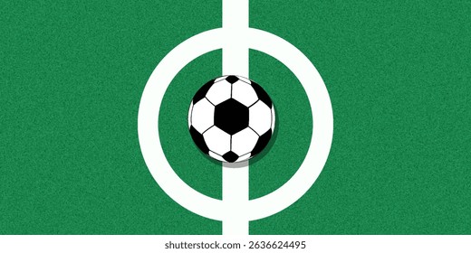 Ball on soccer field top view, football pitch view from above, poster with space for text, vector