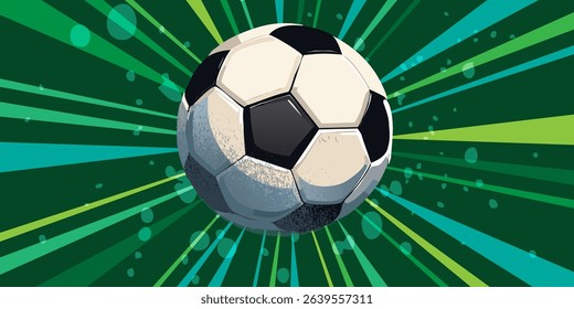 Ball on soccer field top view, football pitch view from above, poster with space for text, vector