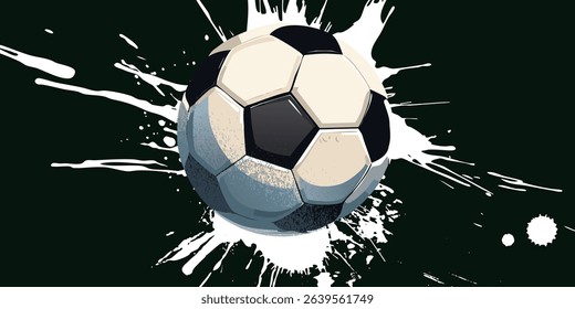 Ball on soccer field top view, football pitch view from above, poster with space for text, vector