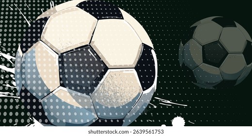 Ball on soccer field top view, football pitch view from above, poster with space for text, vector